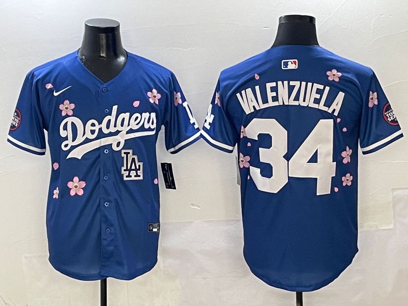 Men Los Angeles Dodgers #34 Valenzuela Blue Sakura Edition 2025 Nike MLB Jersey style 9->los angeles dodgers->MLB Jersey